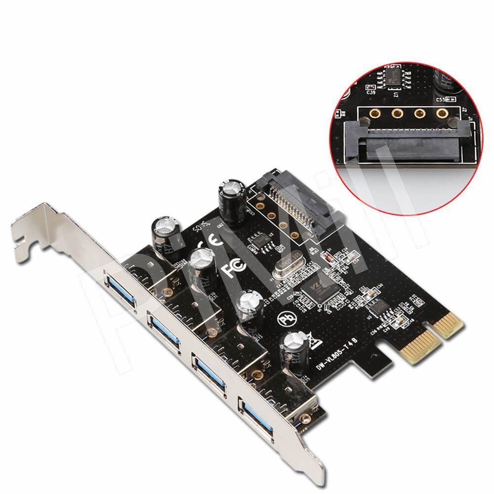 PCI-E Express 4 Port USB 3.0 Card Adapter w/15pin SATA Power Connector