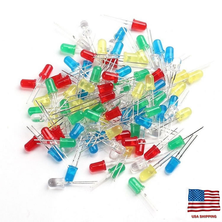 100pcs 5mm LED Light White Yellow Red Blue Assortment Kit DIY For Arduino